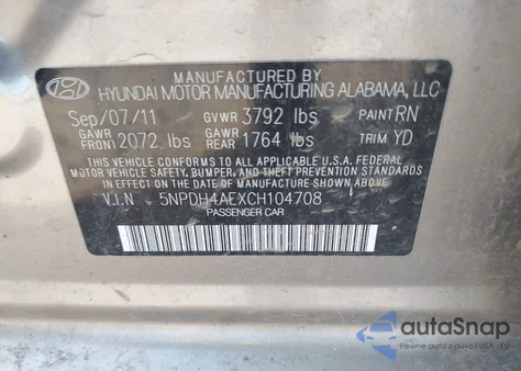 2012 Hyundai Elantra Gls z USA, uszkodzony, nr VIN 5NPDH4AEXCH104708